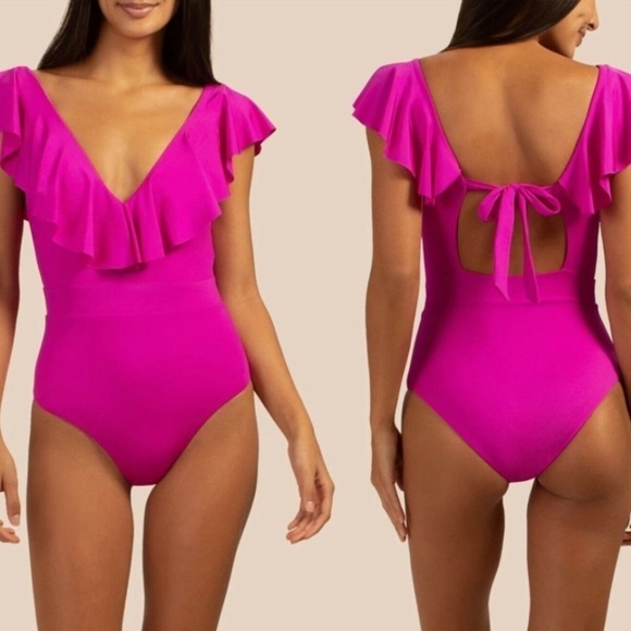 Trina Turk Atlas Ruffle Plunge One-Piece Swimsuit Orchid - Picture 1 of 5
